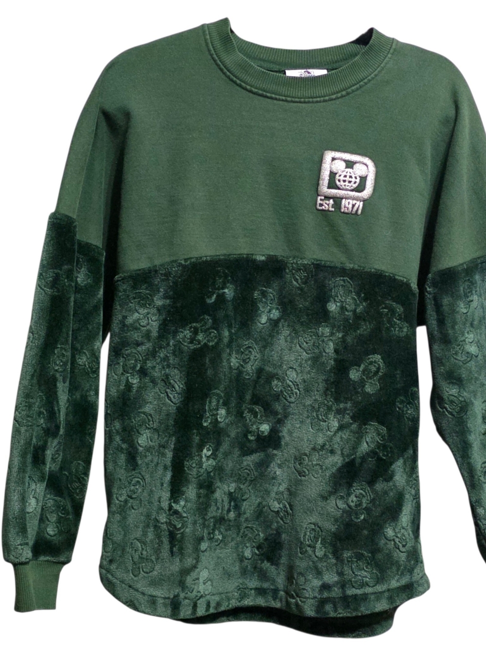 Disney World Spirit Jersey Green Velour Mickey Embossed Pullover Sweatshirt Sz S